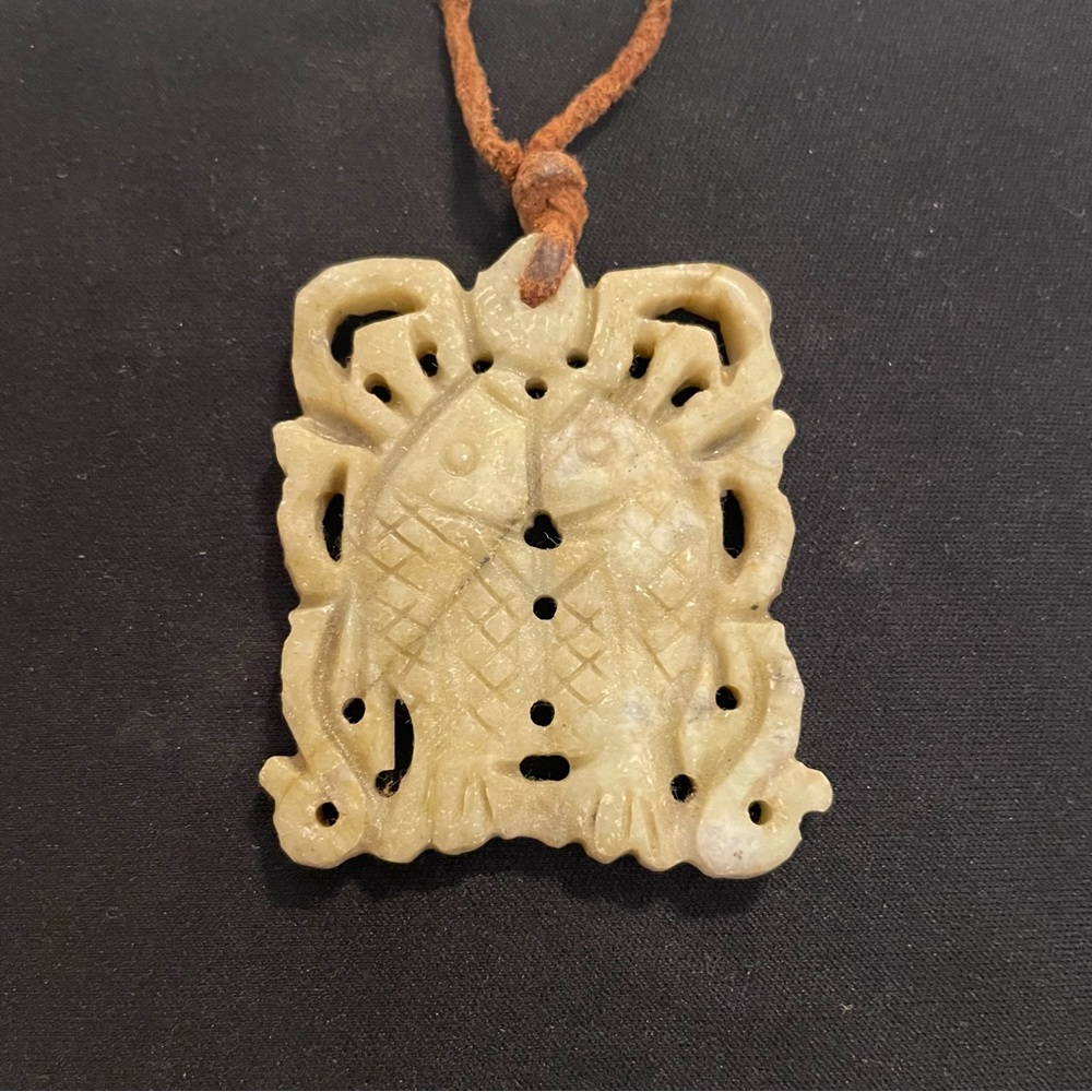Vintage Nephrite Jadeite Carved Stone Pisces Fish Pendant Necklace Pendant